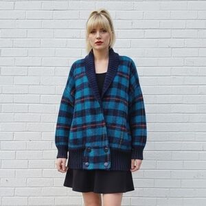Vintage 1980s Oversized Knit Cardigan Sweater Blue Plaid Shawl Collar Preppy